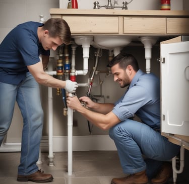 A partially renovated room with bare, unfinished walls showing visible patches of brickwork and mortar. There are exposed pipes and cables on the floor, and a small shovel and a broom leaning against the wall. A large window lets in natural light from outside, showing a view of residential buildings.