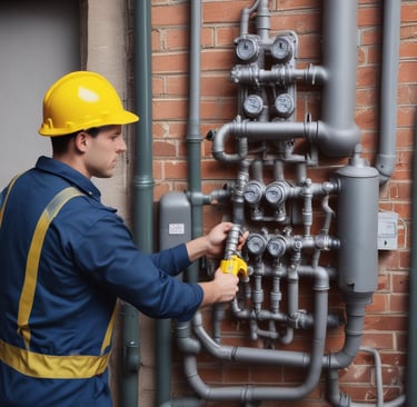 A bathroom with a unique industrial design features exposed piping and cylindrical lights on the ceiling. The ceiling displays a large fish illustration with labeled parts. The walls are covered with white herringbone tiles, and there are three circular mirrors above a long concrete sink with modern faucets.