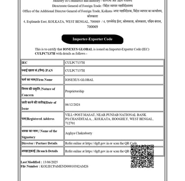 IEC Certificate issued to Ionexus Global for international trade compliance