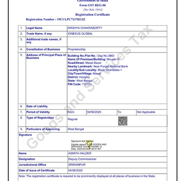 GST Registration Certificate of Ionexus Global for taxation and business operations in India