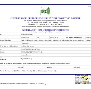 RCMC Certificate of Ionexus Global authorizing export under recognized trade council