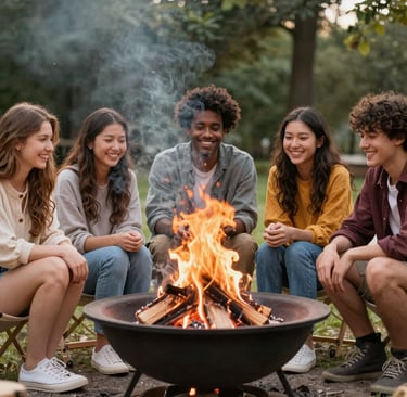 A dirt road curves gently through a small village setting, flanked by simple wooden houses with corrugated metal roofs. A large tree provides shade over an area where tires are stacked. A person with a backpack walks in the direction of a parked bus, partially visible behind the foliage.