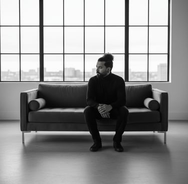 a man sitting on a couch in a room with a couch and a couch