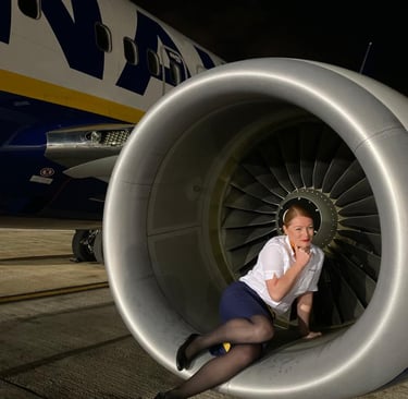 Marta Mackowiak posing inside Ryanair aircraft engine last day