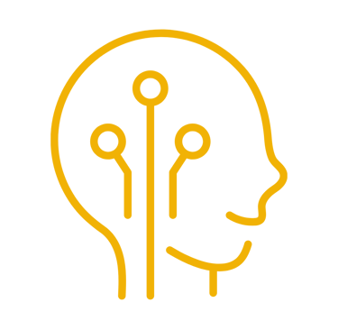 Yellow outline of a human head with circuit board lines representing artificial intelligence.