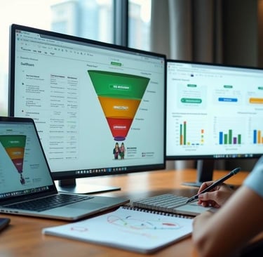 A digital marketing professional analyzing a sales funnel and data analytics on multiple monitors.