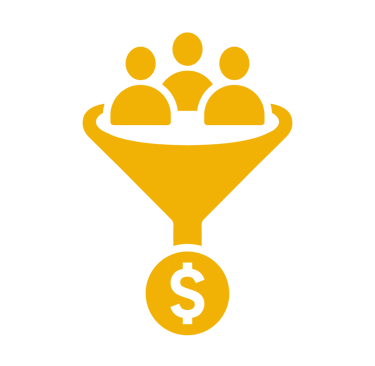 Yellow sales funnel icon illustrating lead generation and customer conversion into revenue on a black background.