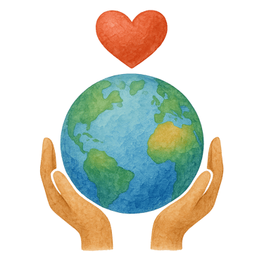 zwei Hände umfassen die Weltkugel mit einem Herz darüber