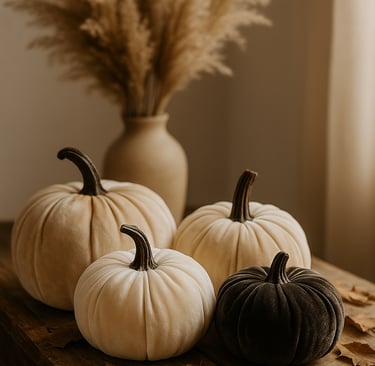Velvet pumpkins in cream and charcoal arranged with pampas grass for Halloween décor.
