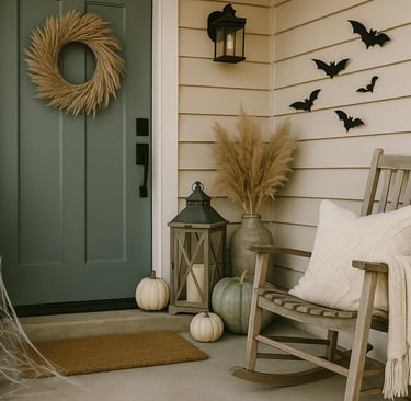 Elegant neutral Halloween porch décor featuring stacked white and sage pumpkins, rustic lanterns wit