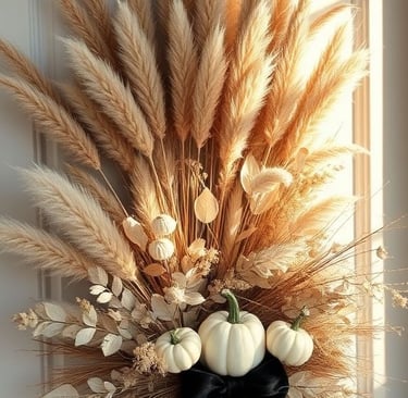 Neutral boho Halloween wreath with pampas grass, dried wheat, white pumpkins, and a black velvet rib