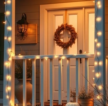 Neutral Halloween porch glowing with warm white string lights and muted pumpkins.