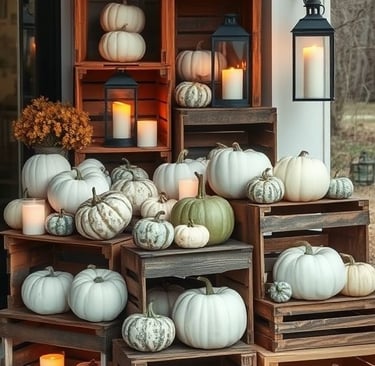Rustic crates with white pumpkins, lanterns, and candles for Halloween porch décor.