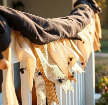 Black, cream, and beige Halloween garland with burlap and wood beads on a porch railing.