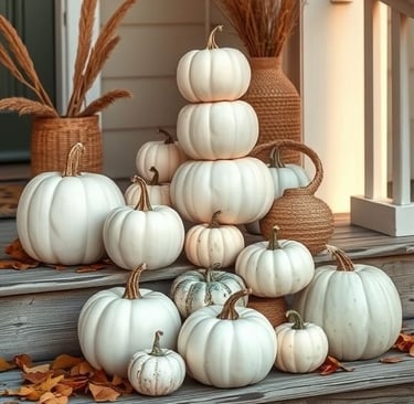 White and sage green pumpkins stacked on rustic porch steps with fallen autumn leaves.