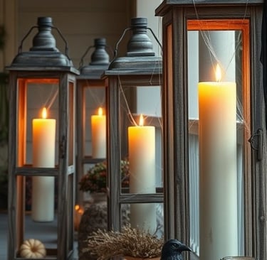 Rustic lanterns with LED candles and subtle Halloween accents on a cozy autumn porch.