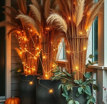 Tall planters with dried corn stalks, pampas grass, and fairy lights on a fall porch.
