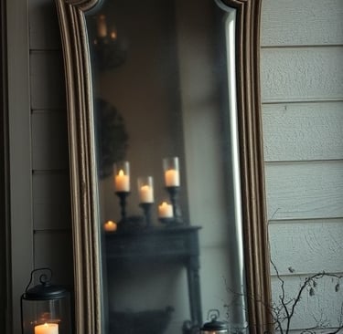 Vintage mirror on porch reflecting candle lanterns with muted Halloween décor.
