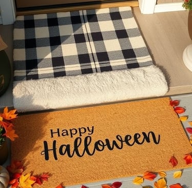 Layered doormat with plaid rug and seasonal Halloween greeting in neutral tones.