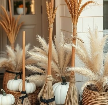 Handmade rustic witch broomsticks made from wooden dowels, dried wheat, and corn husks tied with jut