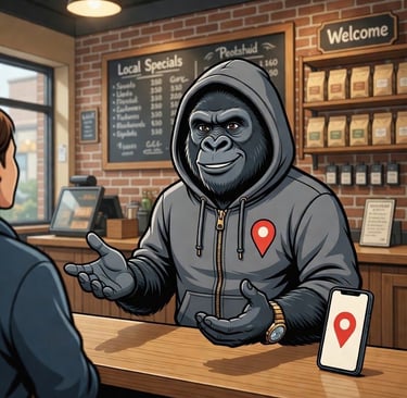 A gorilla wearing a grey hoodie standing behind a coffee shop counter with a GPS pin icon.