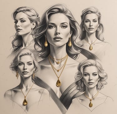 a drawing of a powerful and confident woman wearing gold jewelry in different angles