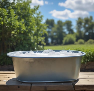 A sunlit patio with terracotta tiles is adorned with cleaning equipment, including a wet and dry vacuum, containers of cleaning solutions, and a pressure washer. A portion of a white car is visible near a hedge-lined driveway, while lush green vegetation and a manicured lawn provide a backdrop.