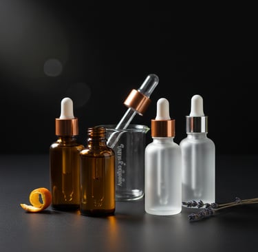 High-purity botanical essential oils in sleek amber and frosted dropper bottles with hints of lavend