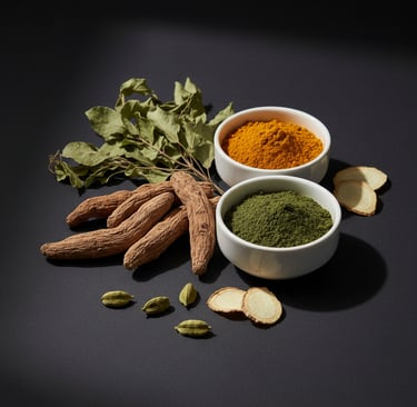 Premium foundational Ayurvedic ingredients including raw herbs, vibrant turmeric powder, and botanic
