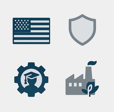 Minimalist blue and silver U.S. flag icon representing American manufacturing.
