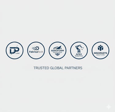 Horizontal strip of partner logos including DP Laser and other fictional suppliers, displayed in uni