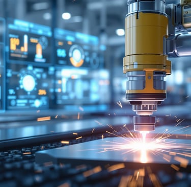 Robotic arm with laser cutting metal in a smart factory environment