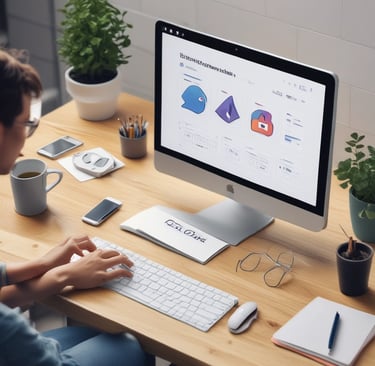 A 3D illustration featuring a series of shopping-related elements such as a shopping basket, a target, a lightbulb, a paper bag, and various charts or graphs. These objects are positioned on a dark green stepped platform, suggesting elements of business and marketing.