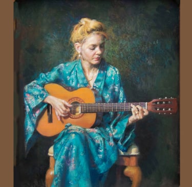 a woman in a blue kimono with guitar