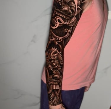 Balinese barong tattoo design on forearm