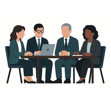 Infographic showing four people sitting around an office table