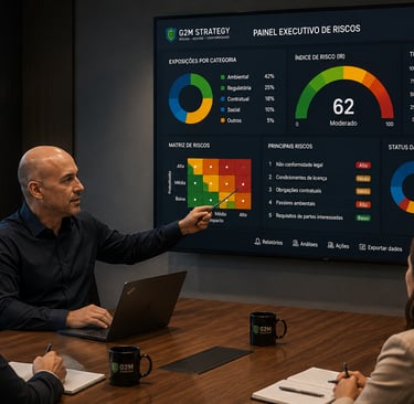 Business executive presenting a digital risk management dashboard with charts and data to a team in a boardroom.