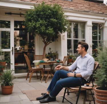 A small, old house with a rusted roof and white walls stands with a pile of gravel in front. Two men are working near the gravel, one holding a tool, and surrounded by scattered building materials. A large tree with green leaves is on the left side.