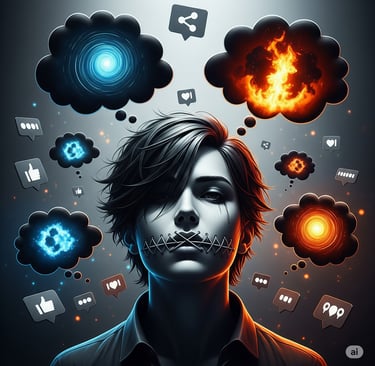 Boca costurada, ícones de redes sociais, silêncio da opinião.