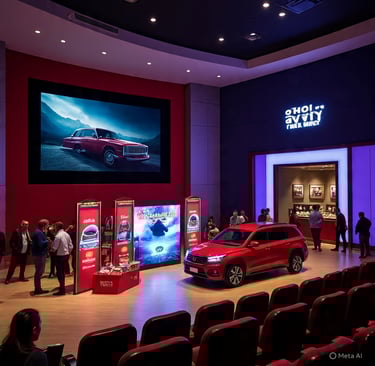 a red car is parked in a showroom