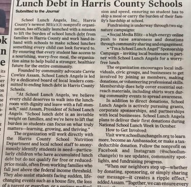 School Lunch Angels featured in the Harris County Journal in September 2025