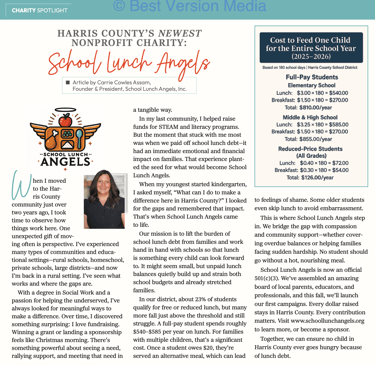 School Lunch Angels featured in the Harris County Living Magazine in September 2025.
