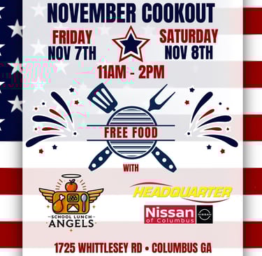 Veterans Day Cookout Flyer for School Lunch Angels in partnership with Headquarter Nissan
