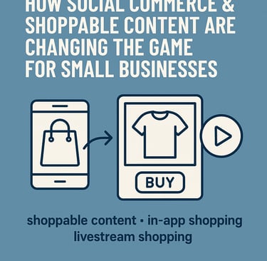 Social commerce and shoppable content illustration showing mobile shopping, livestream shopping, and