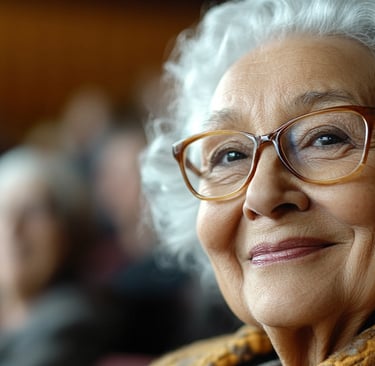 Una señora mayor sonriente sentada en un auditorio lleno