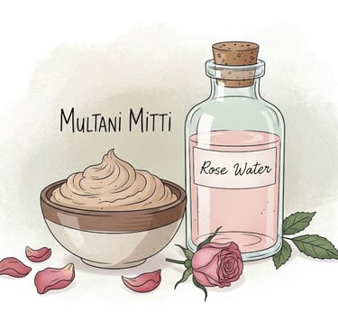 a bottle of rose water with a bowl of multani mitti