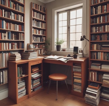 A close-up view of a shelf lined with several books. One book has a bright blue spine with the title 'Ten Year Career' by Jodie Cook written in yellow block letters. Surrounding it are various other books with titles visible, including 'Gray Vaughan' and 'Maier'. The books are neatly arranged, creating a sense of order.