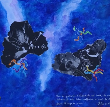 a painting of a man playing guitar