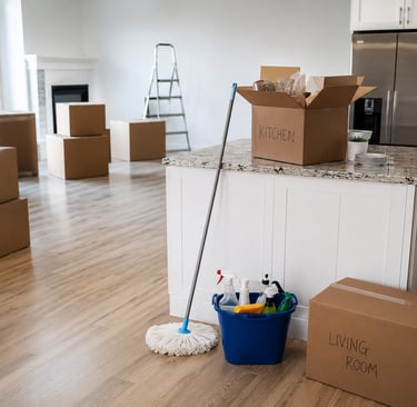 Moving day boxes and cleaning supplies in a bright, modern kitchen and living space.