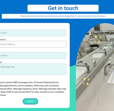 Get in touch contact form for JC House Cleaning Service next to a clean commercial bathroom.